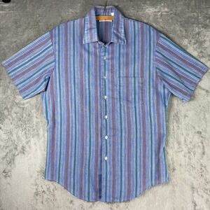 Vintage Sears Kings Road Shirt Mens L Blue 70s Striped Perma Prest Short Sleeve